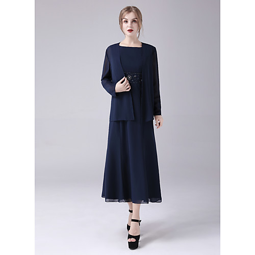 

A-Line Mother of the Bride Dress Elegant Sweet Jewel Neck Ankle Length Chiffon Sleeveless with Beading 2021