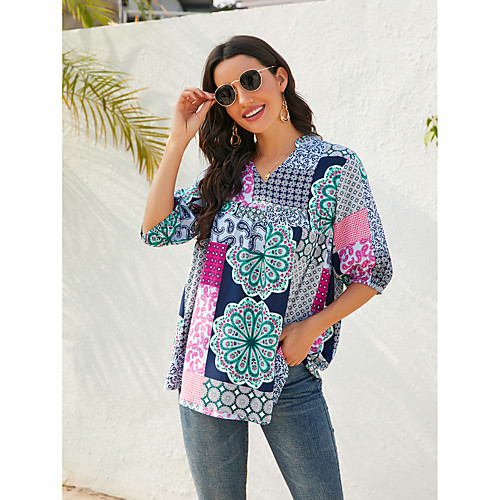 

Women's Blouse Floral V Neck Tropical Tops Rainbow