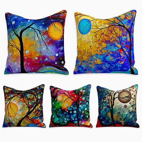

5 pcs Faux Linen Pillow Cover, Floral&Plants Simple Casual Square Polyester Traditional Classic