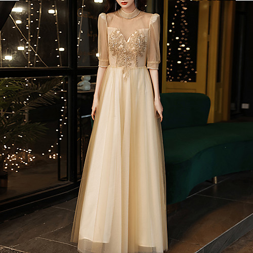 

A-Line Elegant Floral Party Wear Prom Dress High Neck Half Sleeve Floor Length Tulle with Beading Appliques 2021
