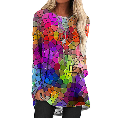 

Women's T Shirt Dress Tee Dress Short Mini Dress Yellow Blue Green Rainbow Long Sleeve Print Color Block Print Fall Spring Round Neck Casual Party Holiday 2021 S M L XL XXL 3XL