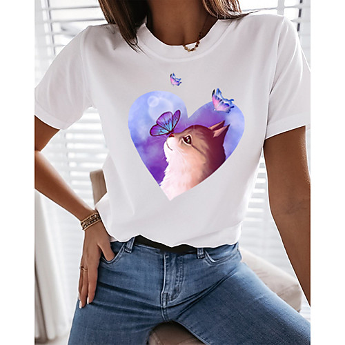 

Women's T shirt Cat Graphic 3D Print Round Neck Tops 100% Cotton Basic Basic Top White