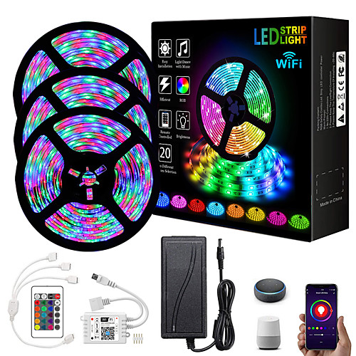 

LED Strip Lights Intelligent Dimming App Control Flexible LED Strip Lights 15M 3x5M 2835 RGB SMD IR 24 Key Controller with 12V 3A Adapter Kit