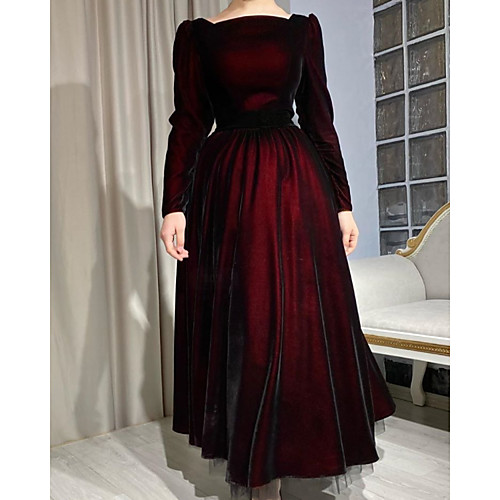 

A-Line Elegant Vintage Wedding Guest Formal Evening Dress Jewel Neck Long Sleeve Ankle Length Tulle with Pleats 2021
