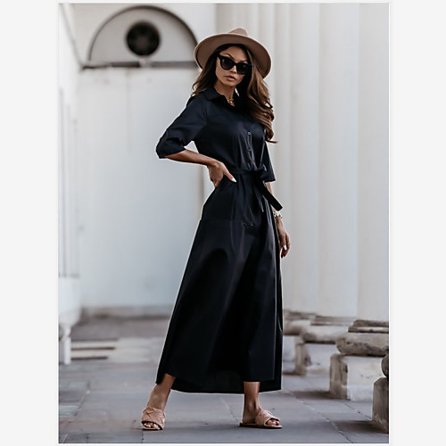 

Women's A Line Dress Maxi long Dress Khaki White Black Half Sleeve Solid Color Lace up Patchwork Fall Spring Shirt Collar Elegant Party Linen S M L XL / Cotton / Cotton