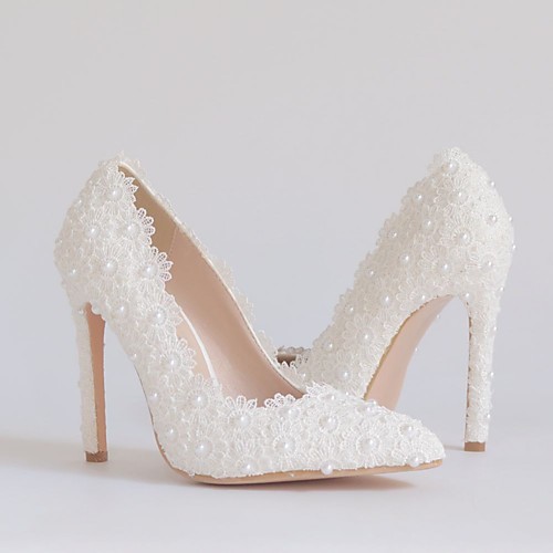 

Women's Wedding Shoes Stiletto Heel Pointed Toe Wedding Pumps Vintage Sexy Minimalism Wedding Party & Evening Lace PU Pearl Satin Flower Lace Solid Colored White
