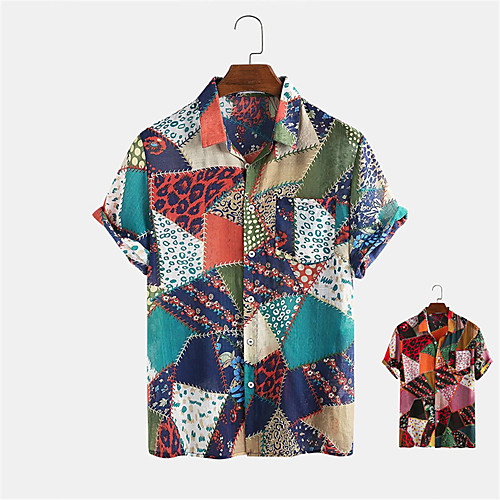 

Men's Shirt Other Prints Color Block Button-Down Print Short Sleeve Daily Tops Casual Hawaiian Blue Red