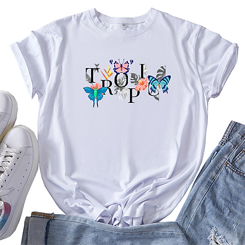 

Women's T shirt Graphic Butterfly Print Round Neck Tops 100% Cotton Basic Basic Top White Black Red