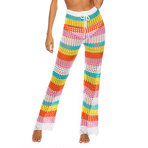 

Women's Stylish Streetwear Comfort Quick Dry Breathable Holiday Bootcut Pants Stripe Full Length Drawstring Knitted Rainbow