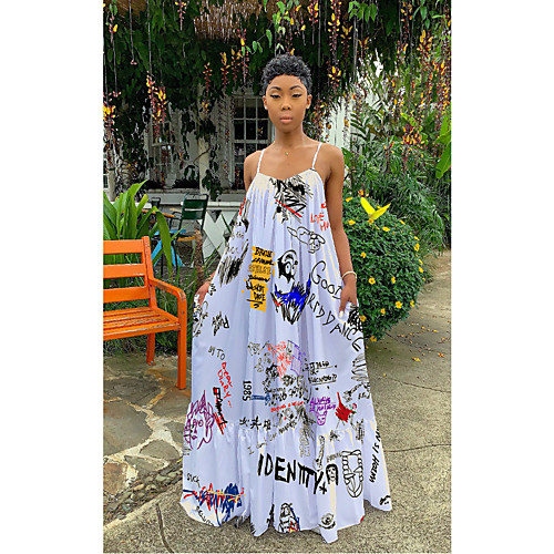 

Women's Strap Dress Maxi long Dress White Sleeveless Print Letter Patchwork Print Summer Casual Sexy Loose 2021 S M L XL XXL