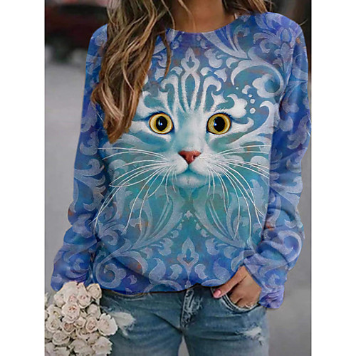 

Women's Pullover Sweatshirt Cat Graphic 3D Print Daily 3D Print Basic Casual Hoodies Sweatshirts Blue