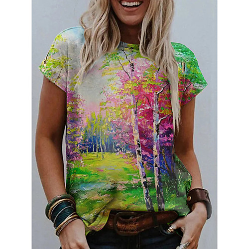 

Women's T shirt Graphic Scenery 3D Print Round Neck Tops Basic Basic Top Green