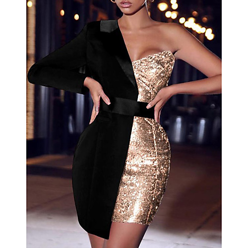 

Sheath / Column Sparkle Sexy Homecoming Cocktail Party Dress One Shoulder Long Sleeve Short / Mini Velvet with Sequin 2021