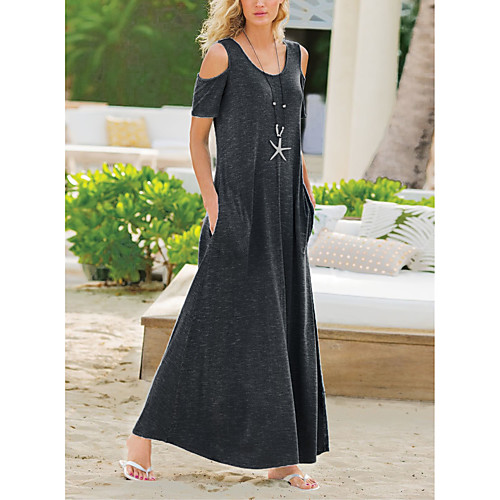 

Women's Sweater Jumper Dress Maxi long Dress Blue Purple Gray Black Short Sleeve Solid Color Print Summer Round Neck Elegant Going out 2021 S M L XL XXL 3XL