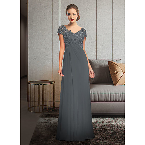 

Sheath / Column Mother of the Bride Dress Elegant V Neck Floor Length Chiffon Lace Short Sleeve with Sequin Appliques Ruching 2021
