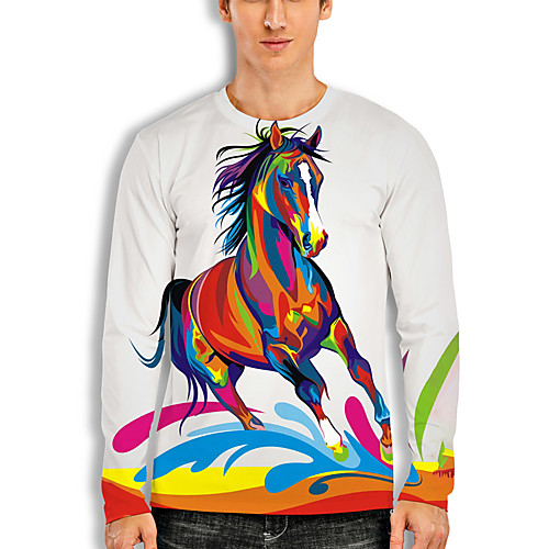 

Men's T shirt 3D Print Graphic Horse Animal Print Long Sleeve Daily Tops Basic Casual White