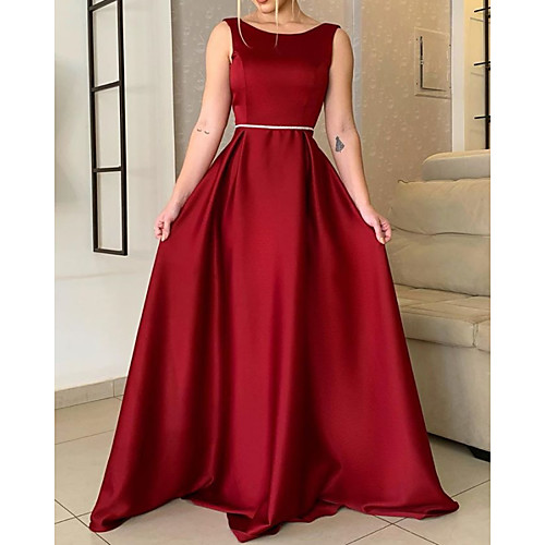 

A-Line Beautiful Back Elegant Wedding Guest Formal Evening Dress Boat Neck Sleeveless Sweep / Brush Train Satin with Pleats 2021