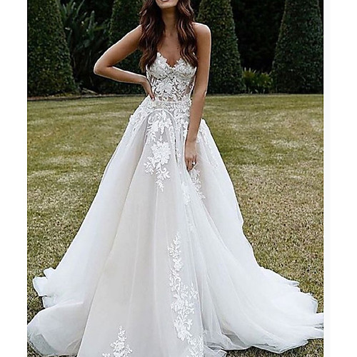 

A-Line Wedding Dresses V Neck Sweep / Brush Train Lace Tulle Sleeveless Country Romantic with Appliques 2021