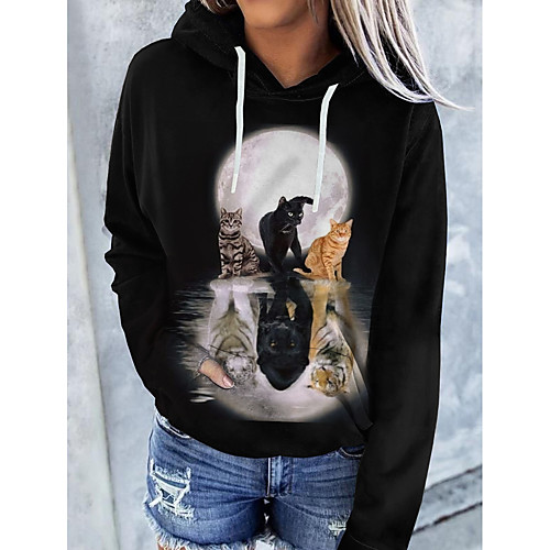 

Women's Hoodie Pullover Cat Graphic 3D Front Pocket Print Daily 3D Print Basic Casual Hoodies Sweatshirts Black