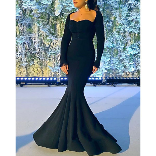 

Mermaid / Trumpet Minimalist Elegant Engagement Formal Evening Dress Scoop Neck Long Sleeve Floor Length Satin with Pleats 2021