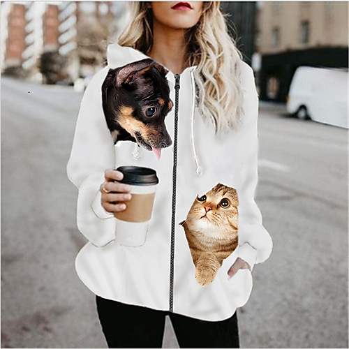 

Women's Hoodied Jacket Sports Spring & Fall Regular Coat Regular Fit Active Streetwear Jacket Long Sleeve Print Patchwork White / Going out