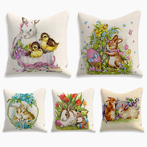 

Happy Easter Happy Easter Cushion Cover 5PC Faux Linen Soft Decorative Square Throw Pillow Cover Cushion Case Pillowcase for Sofa Bedroom 45 x 45 cm (18 x 18 Inch) Superior Quality Machine Washable