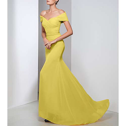 

Mermaid / Trumpet Minimalist Sexy Engagement Formal Evening Dress Off Shoulder Short Sleeve Sweep / Brush Train Chiffon with Ruched 2021