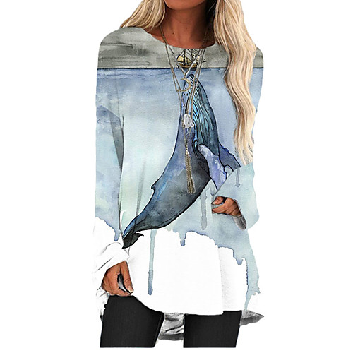 

Women's T Shirt Dress Tee Dress Short Mini Dress Lake blue Green Red Light Blue Long Sleeve Animal Print Fall Spring Round Neck 3D Print Casual Party Holiday 3D Print S M L XL XXL 3XL