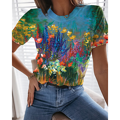 

Women's Floral Theme Painting T shirt Floral Graphic Print Round Neck Basic Tops Blue