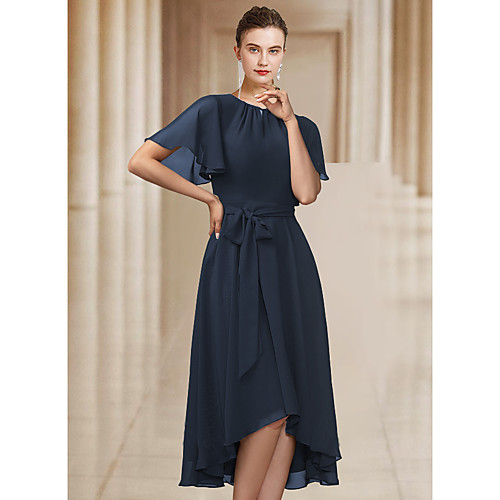 

A-Line Mother of the Bride Dress Elegant Jewel Neck Asymmetrical Chiffon Short Sleeve with Bow(s) Pleats 2021