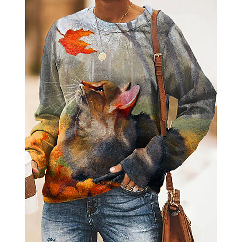 

Women's Pullover Sweatshirt Cat Graphic 3D Print Daily 3D Print Basic Casual Hoodies Sweatshirts Gray