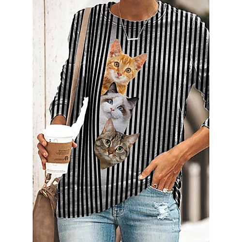

Women's 3D Cat T shirt Cat Graphic 3D Long Sleeve Print Round Neck Basic Tops Black