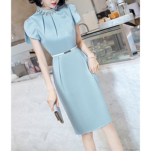

Sheath / Column Minimalist Elegant Graduation Formal Evening Dress High Neck Short Sleeve Knee Length Satin with Beading 2021