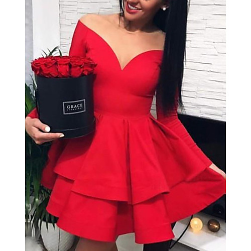 

A-Line Minimalist Sexy Homecoming Wedding Guest Dress V Neck Long Sleeve Short / Mini Stretch Fabric with Tier 2021