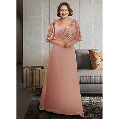 

A-Line Mother of the Bride Dress Plus Size Elegant V Neck Ankle Length Chiffon Half Sleeve with Ruching 2021