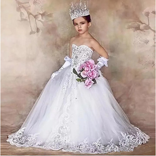 

Princess Floor Length Flower Girl Dresses Party Tulle Sleeveless Strapless with Bow(s)