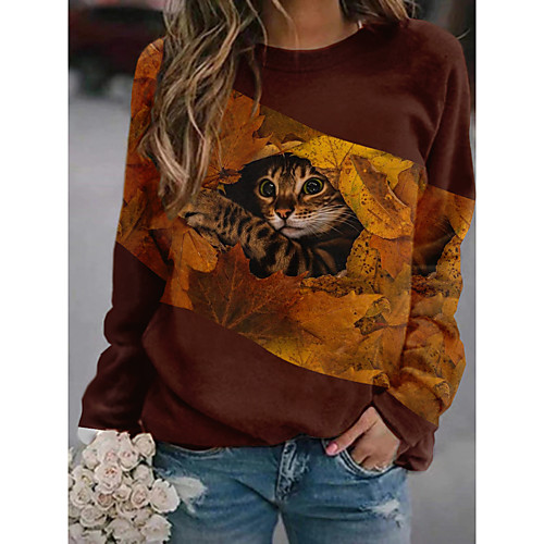 

Women's Hoodie Sweatshirt Cat Graphic 3D Print Daily 3D Print Basic Casual Hoodies Sweatshirts Brown