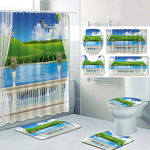 

Bathroom Shower Curtain & Mat Set Classic Polyester Waterproof