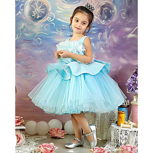 

Princess Knee Length Flower Girl Dresses Party Satin Sleeveless Jewel Neck with Ruffles
