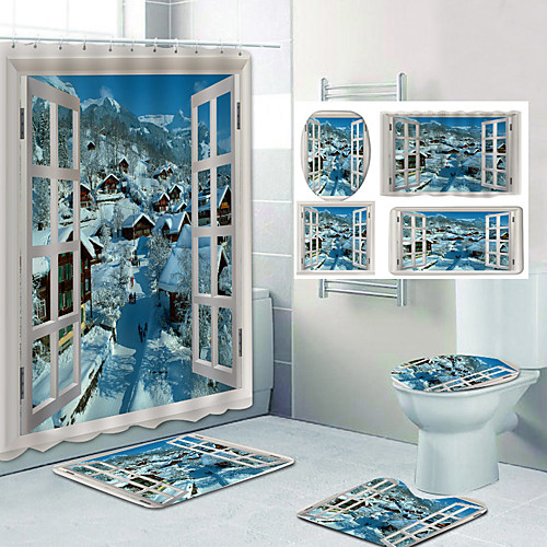 

Bathroom Shower Curtain & Mat Set Classic Polyester Waterproof