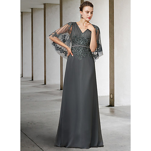 

A-Line Mother of the Bride Dress Elegant V Neck Floor Length Chiffon Lace Half Sleeve with Sash / Ribbon Appliques 2021