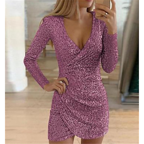 

Women's Bodycon Short Mini Dress Wine Gray Silver Gold Black Long Sleeve Solid Colored Sequins Deep V Spring Summer Deep V Hot Sexy Going out 2021 S M L XL XXL