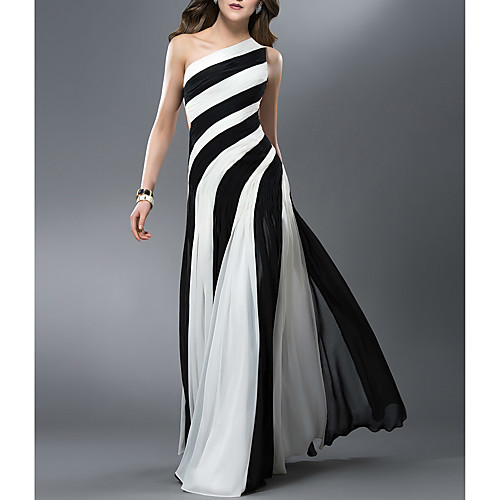 

Sheath / Column Color Block Sexy Wedding Guest Formal Evening Dress One Shoulder Sleeveless Floor Length Chiffon with Pleats 2021