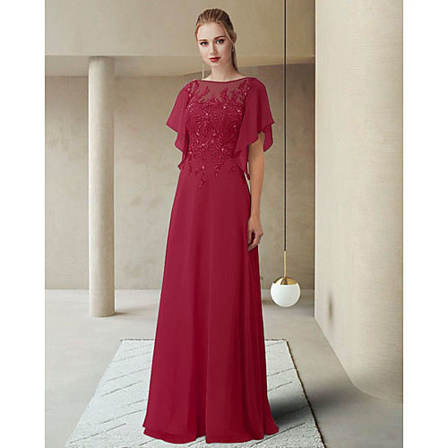 

Sheath / Column Mother of the Bride Dress Elegant Jewel Neck Floor Length Chiffon Lace Half Sleeve with Appliques 2021