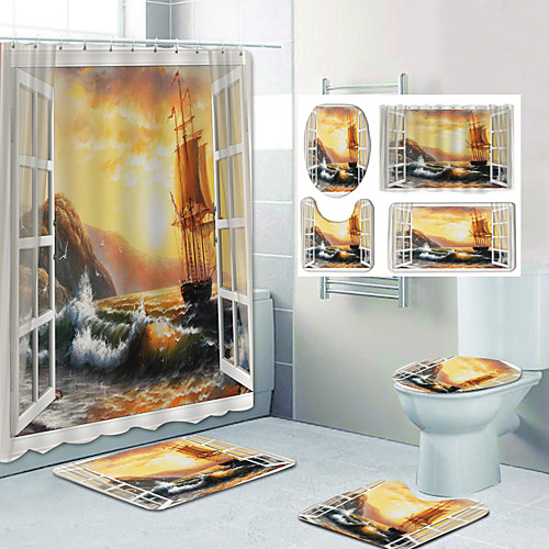 

Bathroom Shower Curtain & Mat Set Classic Polyester Waterproof