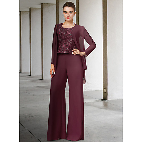 

Pantsuit / Jumpsuit Mother of the Bride Dress Elegant Jewel Neck Floor Length Chiffon Lace Sleeveless with Sequin Appliques 2021