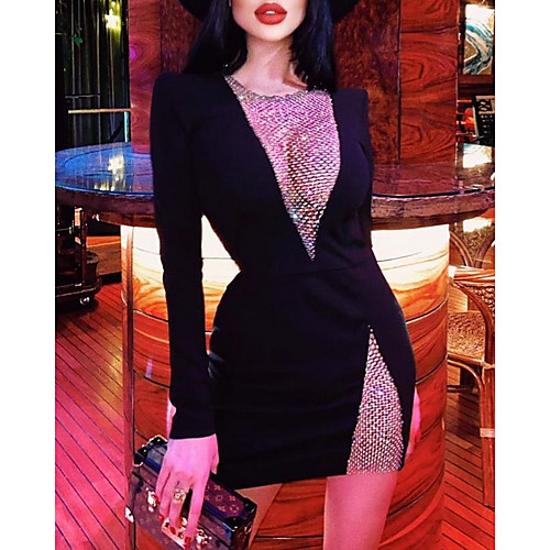 

Sheath / Column Sparkle Sexy Party Wear Cocktail Party Dress Illusion Neck Long Sleeve Short / Mini Sequined Stretch Fabric with Sequin 2021