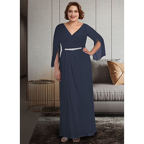 

A-Line Mother of the Bride Dress Plus Size Elegant V Neck Ankle Length Chiffon 3/4 Length Sleeve with Sash / Ribbon Ruching 2021