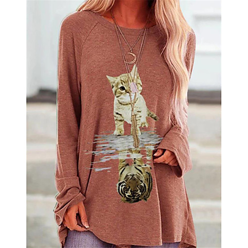

Women's Plus Size T shirt Dress Tunic Blouse Cat Long Sleeve Print Round Neck Tops Black Blue Red
