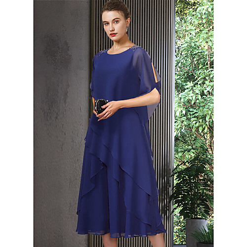 

A-Line Mother of the Bride Dress Elegant Jewel Neck Tea Length Chiffon Half Sleeve with Cascading Ruffles 2021